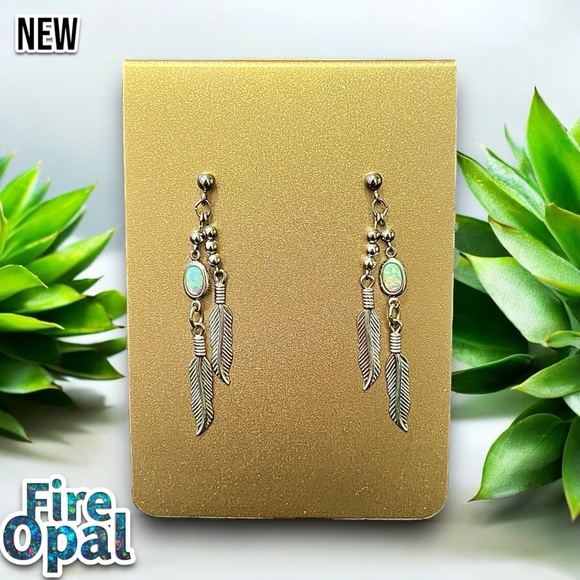 New Elegant Fire Opal Silver Leafs Dangle Earrings - Picture 7 of 7